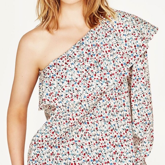 Zara White Floral One Shoulder Ruffle Blouse Size M - Picture 2 of 6